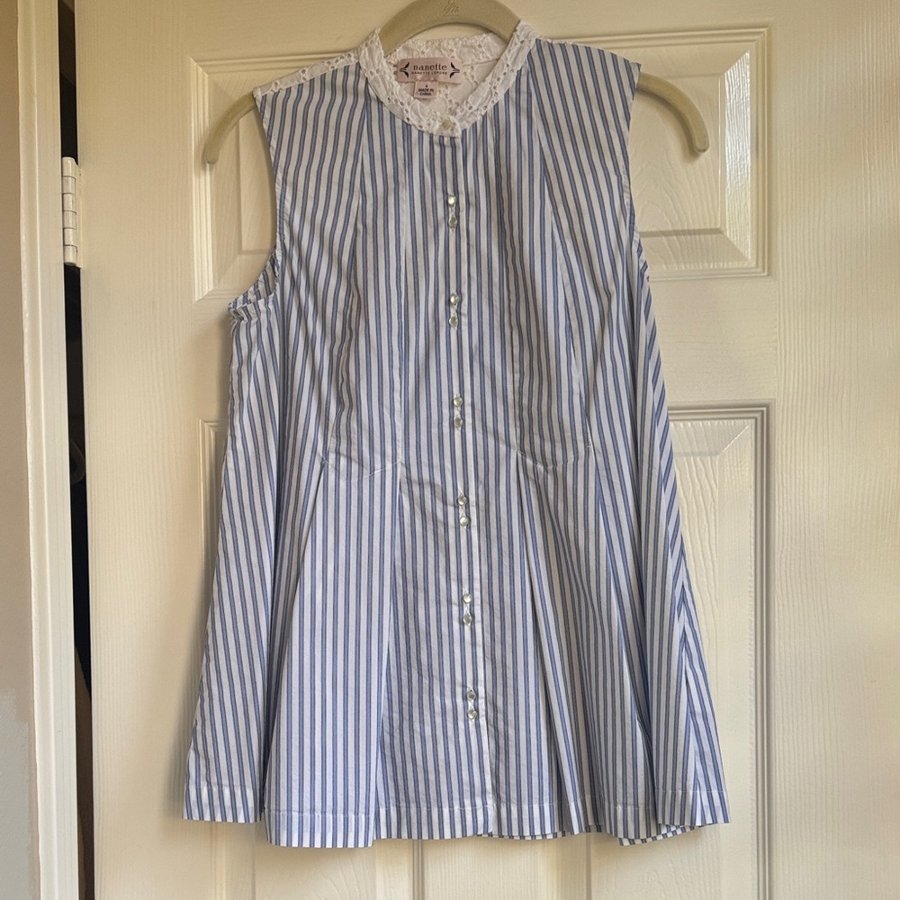 Nanette Lepore Pinstriped and Lace Sleeveless Blouse